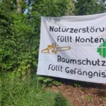 Transparent mit Kettensäge und Baum hinter Gittern vor Wald mit Aufschrift "Naturzerstörung füllt Konten - Baumschutz füllt Gefängnisse"